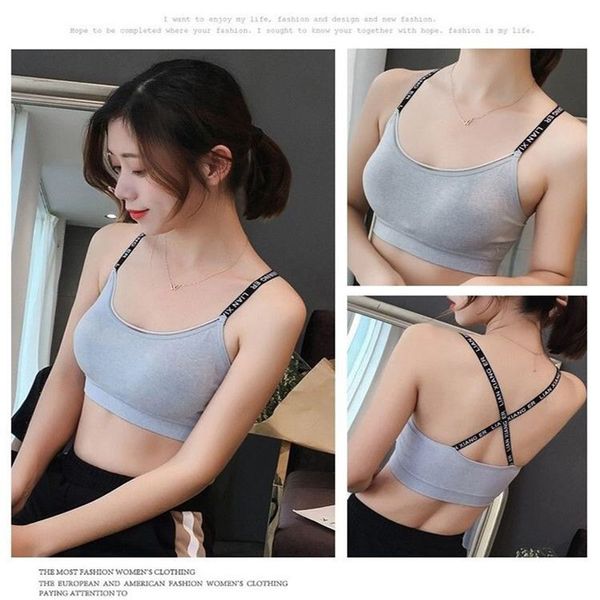 

sports bra crossed with english letters anti-slipping sling underwear with bottom and fine shoulder strap without steel ring spo, White;black