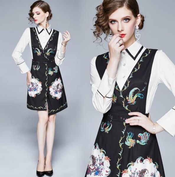 

new women's long sleeve shirt with printed vest skirt two-piece suit, White