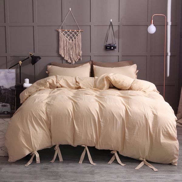 2019 Beige Color Lace Up Washed Cotton Duvet Cover Modern Style