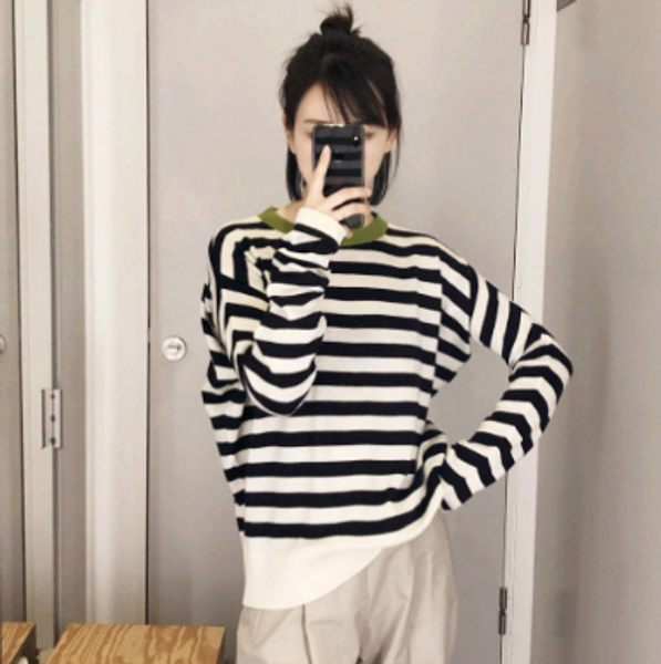 

100% wool stripe sweater autumn winter women o neck loose knitted pullover, White;black