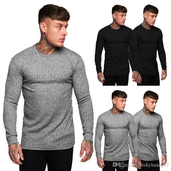 

oeak basic style men autumn winter knitted sweatshirt slim muscle fit long sleeve plain curved hem fashion black grey