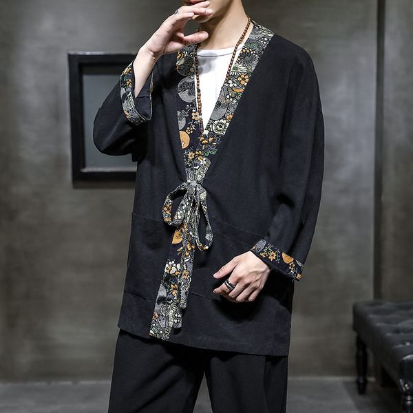 

#3941 black blue vintage cotton linen jacket men spliced cardigan jacket men loose streetwear coat thin three quarter sleeve, Black;brown