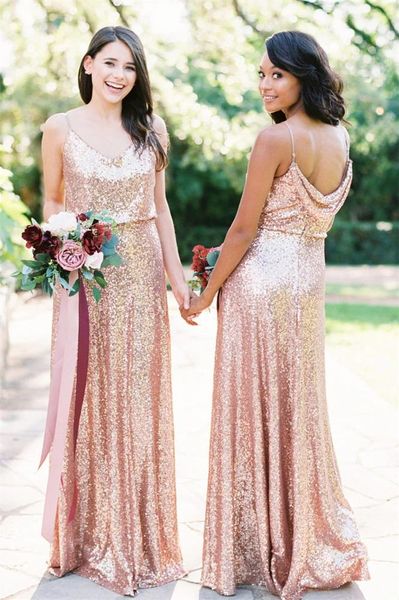 Yeni gül altın payetler nedime elbiseleri uzun spagetti kayışları kaput arka zemin uzunluğu resmi elbiseler düğün konuk elbisesi özel yapılmış