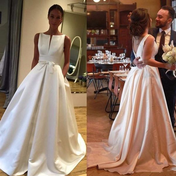 

graceful white a-line satin garden wedding dresses jewel neck bow tie belt country wedding gown sweep train bridal dress