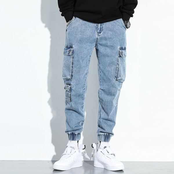

мода streetwear мужские джинсы сыпучие fit большой карманный штанах гарем брюки синий цвет японский стиль хип-хоп джинсы мужчины joggers, Blue
