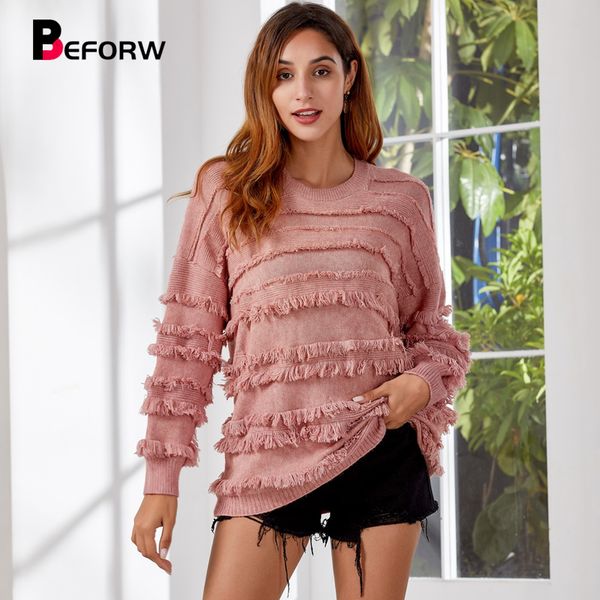 

beforw 2019 new fashion women o neck tassel pullover sweater oversize fall long sleeve knitted sweaters winter warm casual, White;black