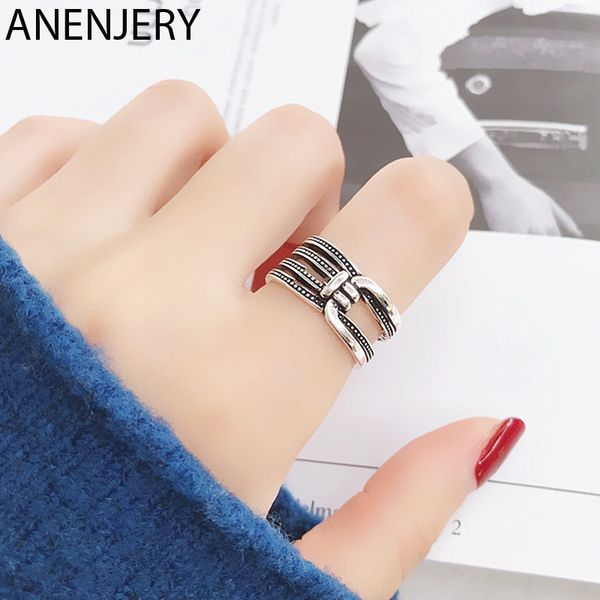 

anenjery simple geometric line knot thai silver ring 925 sterling silver mutil-layer open retro ring for women men gifts s-r391, Golden;silver