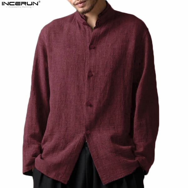 

men's casual shirts incerun men clothes 2021 chinese style linen breathable soft long sleeve shirt plus size chemise homme, White;black