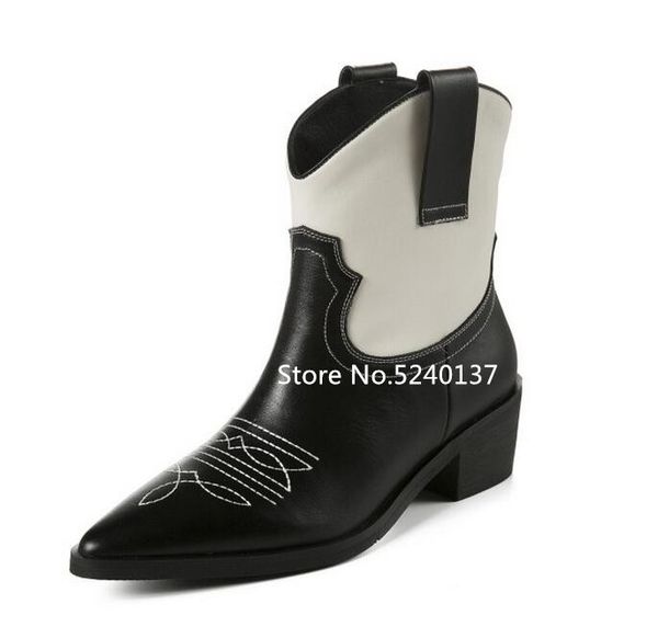 

mixed color retro women mid-calf boots pointed toe chunky heel autumn/winter short western boots women zapatos de mujer, Black