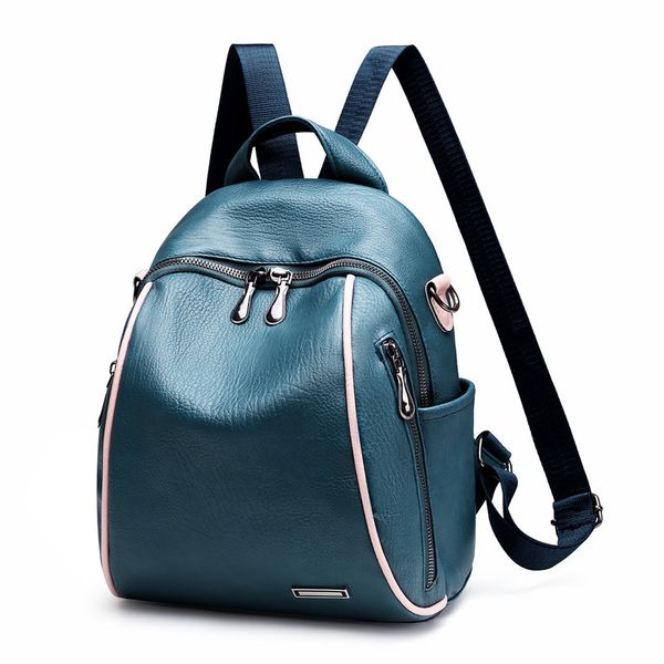 

casual female backpack portable female youth blue bagpack women daily out small bags solid color pu leather easy to clean