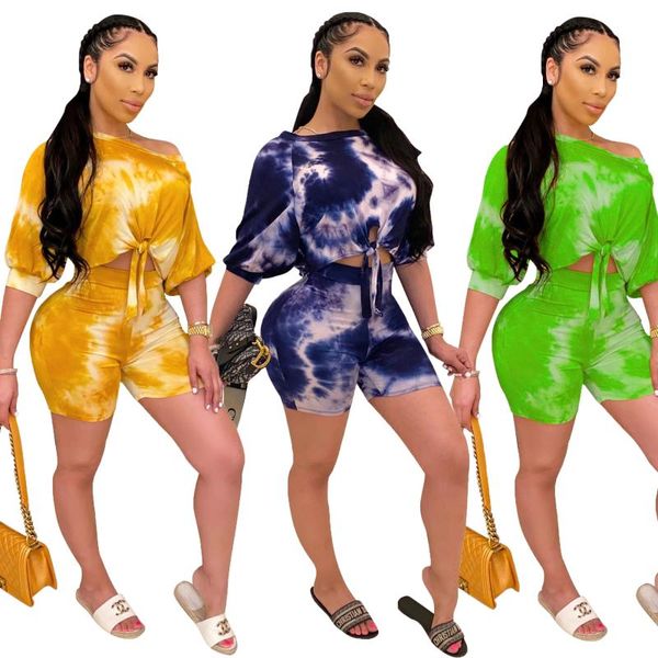

tie dye print summer 2 piece set women tracksuit front tie half sleeve loose crop shorts breathable sporting home suit s-xxl, White