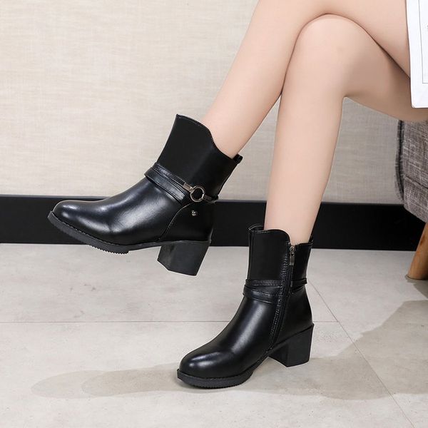 

zipper winter boots lady brand women's shoes booties woman 2019 low heel round toe boots-women 2020 fashion autumn, Black