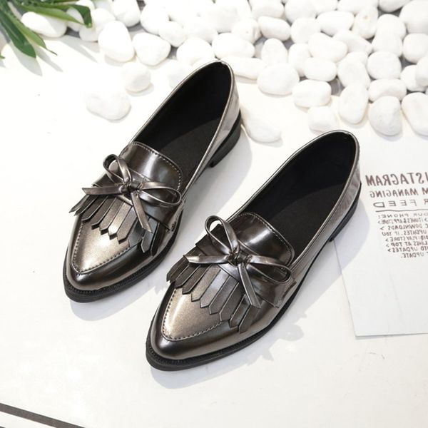 

silver pointed leather women shoes women tassel loafers shoes female oxford ladies leather, Black