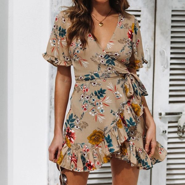 

лето мини boho sexy глубокий v-образным вырезом печатных ремень платье 2019 женщины vestido тонкий высокая талия пляж короткое платье женски, Black;gray