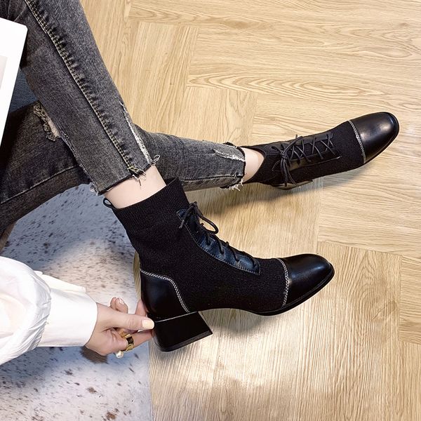 

round toe lace up boots stockings booties ladies shoes chunky heel martins for women bootee woman 2019 sock autumn flat med, Black