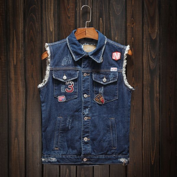 

newly fashion men vest slim fit patches denim hip hop vest men streetwear sleeveless punk chaqueta hombre biker veste, Black;white