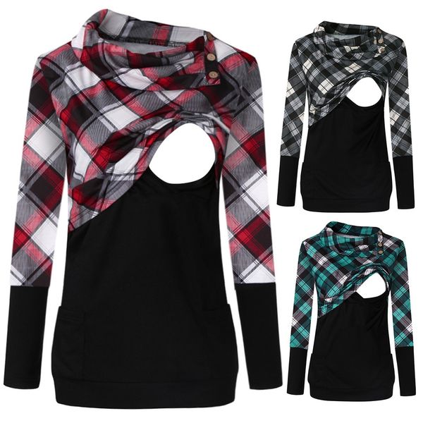 

maternity long sleeve plaid nursing pullover sweatshirt for breastfeeding, White