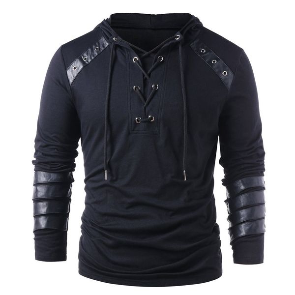 

2019 autumn hoodie men drawstring leather patchwork hooded sweatshirt long sleeve male casual pullover blouse black hoodies