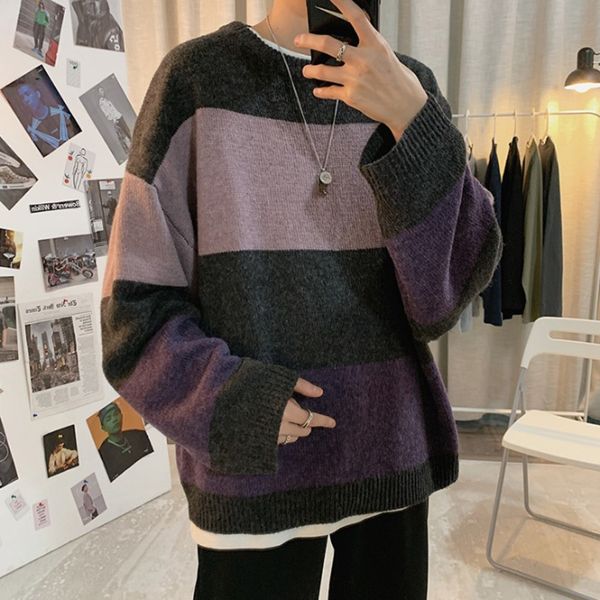 

winter sweater men's warm fashion hit color casual o-neck knitted pullover man wild loose long sleeve sweater male clothes, White;black