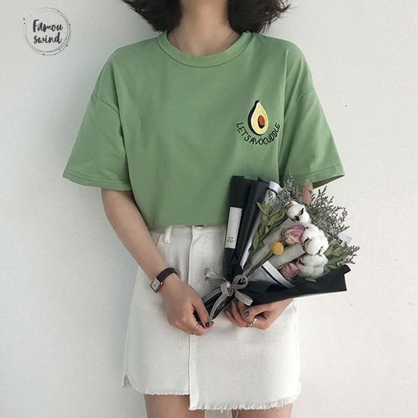 

2019 новый корейский tshirt harajuku авокадо вышивки с коротким рукавом рубашки лета женщин небольшой свежий cute tee shirt, White