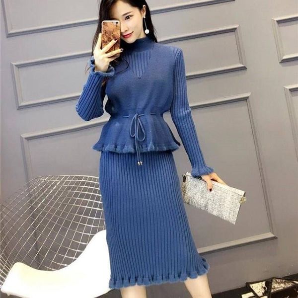 

two piece dress winter women elegant turtleneck lace up casual 2 outfits o-neck solid elastic waist knitted peice set plud size, White