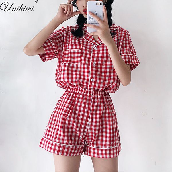 

уникви.летние женские пижамы из двух частей набор с коротким рукавом плед пижамы дамы гостиная пижамы пижамы домашний костюм pijama mujer, Black;red