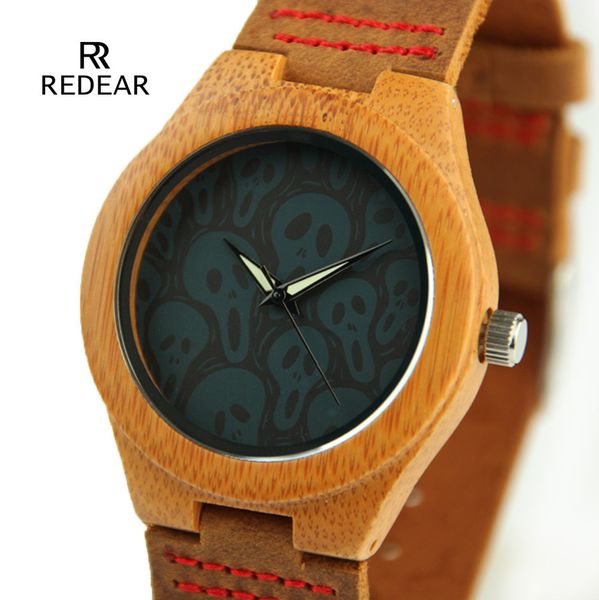 

personality halloween ladies bamboo wood watch creative wood ghost big dial leather strap men's and women's quartz wooden watch, Slivery;brown