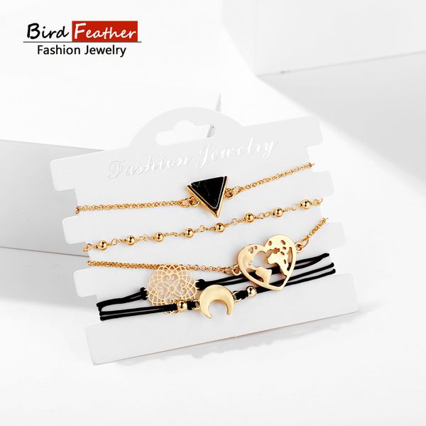 

gold color bohemian handmade weave map moon triangle bracelet sets women 2019 new rope chain bracelets retro jewelry accessories, Black