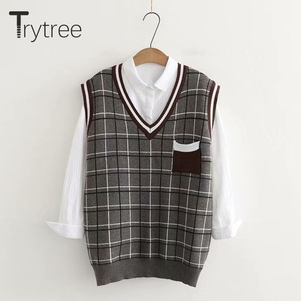 

trytree autumn winter women sweater computer knitted acrylic casual plaid casual v-neck pockets sleeveless grey sweater, Black;white