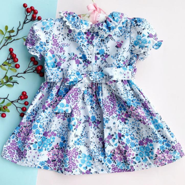 

new summer kids floral printed england handmade smocking short sleeve girls princess dress, Red;yellow