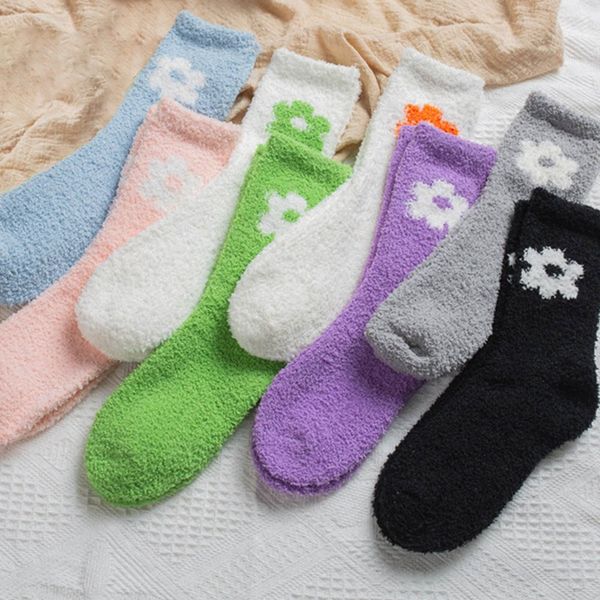 

women velvet socks thick warm flower socks femme long funny sleep floor, Black;white