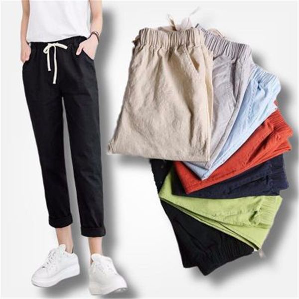 

cotton and linen nine-point pants women loose elastic waist high waist pants summer was thin casual trousers straight t84, Black;white