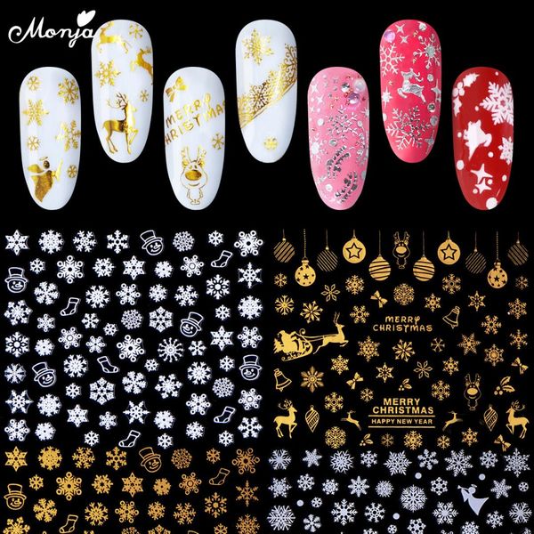 

monja nail art self-adhesive christmas series stickers gold silver snowflake bell reindeer design diy decals manicure decoration, Black