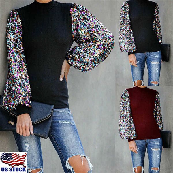 

loose long pullover puff ladies sequin casual sweater sleeve womens blouse, White;black