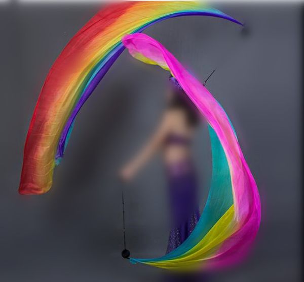 

100% silk belly dance poi veil for 2pcs ball+2pcs veil belly dance poi training props rainbow color, Black;red