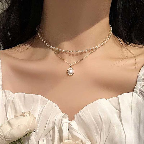 

ifmia 2020 double layer chain gold color fashion choker cute romantic women pearl pendant necklace girl chocker collar collier, Golden;silver