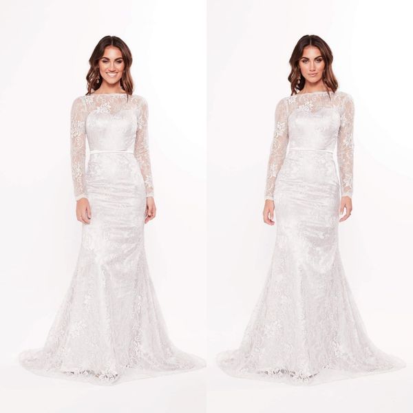 

elegent mermaid rita vinieris wedding dresses jewel neck long sleeve applique sash wedding gown sweep train custom robe de mariÃ©e, White
