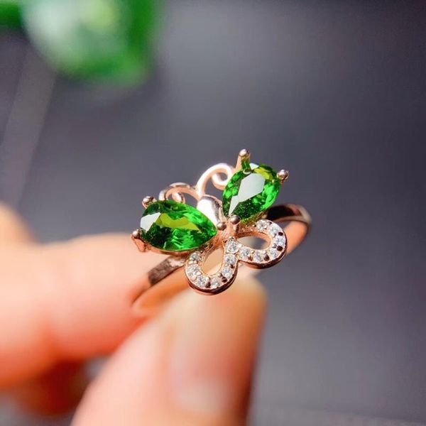 

butterfly natural diopside ring natural green diopside 925 sterling silver fine jewelry ring for men or women, Golden;silver