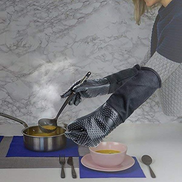 

extra long professional silicone oven mitt, heat resistant cooking glove with internal cotton for kitchen,bbq,baking,grill - bla