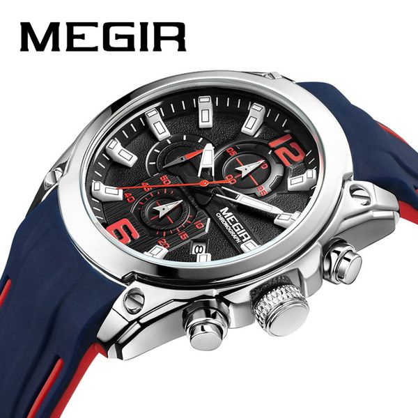 

megir men's sports watch quartz watches calendar luminous waterproof silicone strap 2063g, Slivery;brown