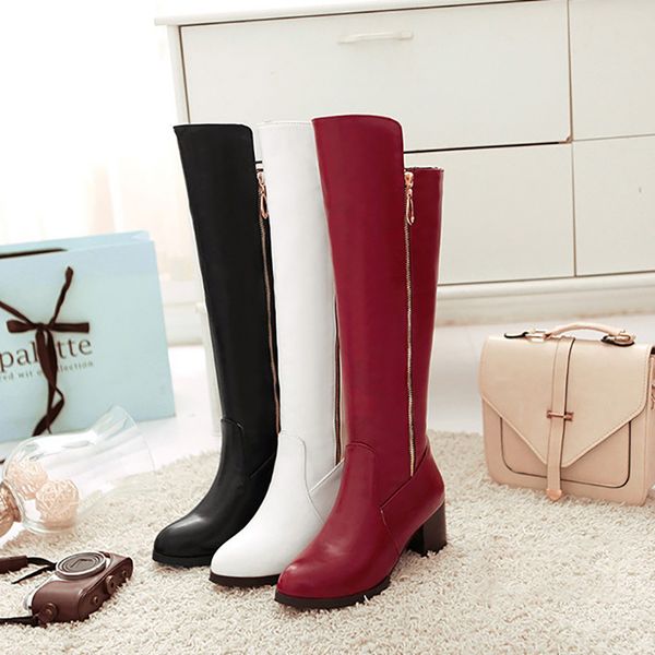 

mid calf boots 6cm high heels women shoes knee high block heel boots crystal black white red fashion ladies plus size 43