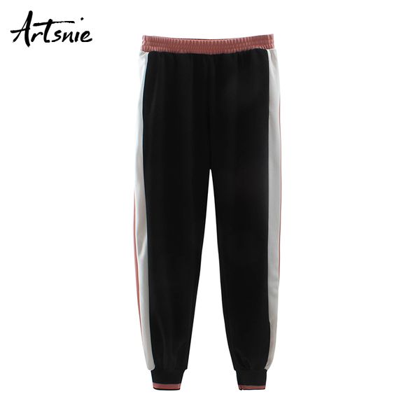 

artsnie elastic high waist pants women autumn 2019 streetwear casual side stripe sweatpants loose black harem pants mujer, Black;white