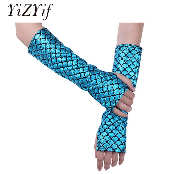 

yizyif women mermaid arm sleeves fish scale pattern printed fingerless long gloves arm sleeves halloween costume accessory, Blue;gray