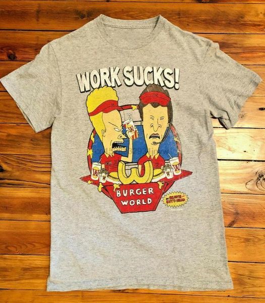 

beavis butthead t shirt gray work sucks mtv burger world 90s retro small s tee shirt casual print fashion, White;black