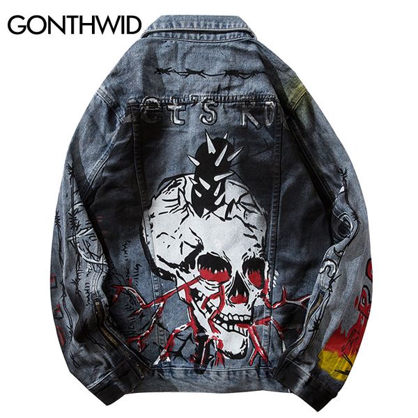 

gonthwid graffiti skull print sleeve zippers denim jackets streetwear hip hop casual punk rock jeans jacket coats hipster, Black;brown