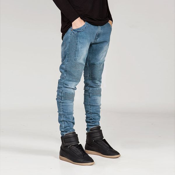 

heflashor fashion fold jeans men slim elastic jeans streetwear trousers fashion hip hop skinny for male, Blue