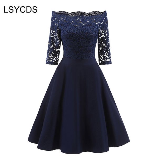 

lsycds 2020 new female dress half sleeve slash neck robe vintage retro casual party rockabilly 50s 60s lace women dress, Black;gray