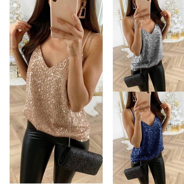 

women casual sequin sleeveless v neck tank top, White