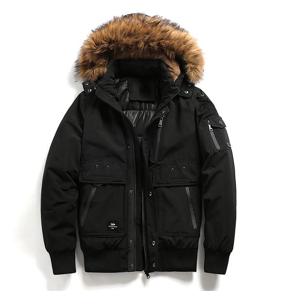 

europe size hooded winter jacket coat mens thick parkas casual -30 degree jacket parka cotton zipper pockets bomber men, Black