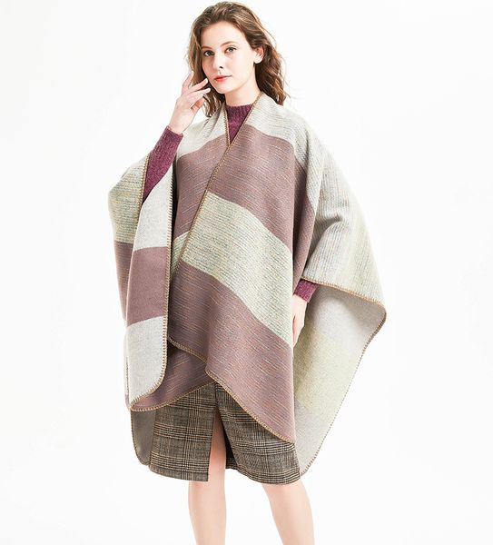 

the new style triangle pin large cuffed stripe split cape section dyed cashmere imitation lady's cape large cape, Black;white